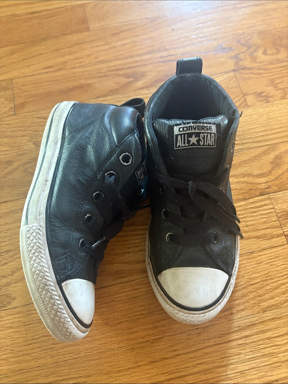 Converse Kids Black Leather High-Top Sneakers with White Toe